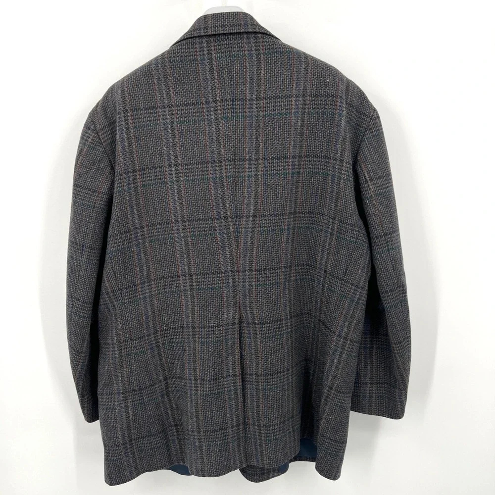 Men's Pendleton Blazer Jacket Wool Dark Blue Plaid‎ Leather Buttons Size 46